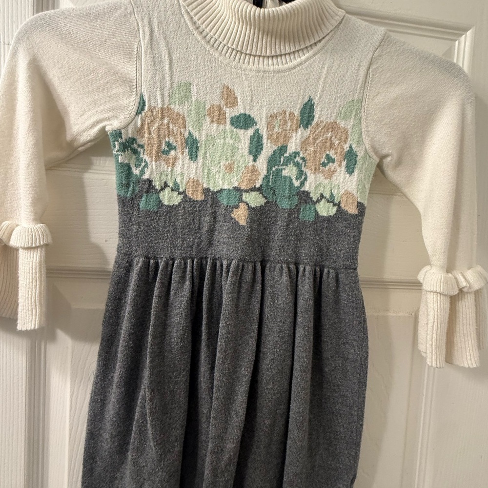 Janie and Jack Girls' Floral Sweater Dress - Cream, Gray & Green - Size 5